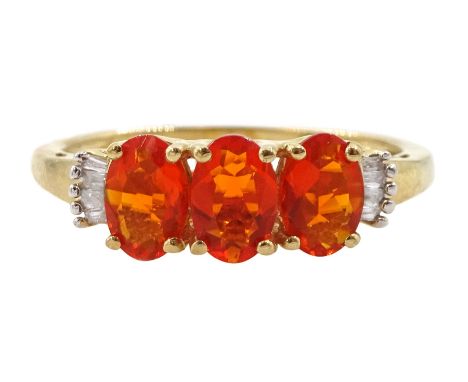 9ct gold three stone oval fire opal and baguette diamond ring, hallmarkedCondition Report:Approx 2.1gm, size P, good conditio