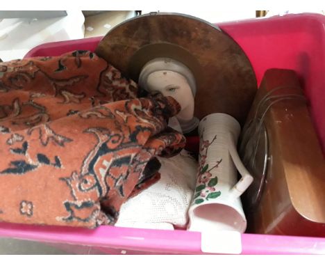 Crate of misc inc. clock, crochet sheet etc. qnd a tapestry 