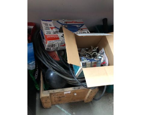 A wooden box of misc tools, foot pump, electric cable, etc 