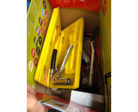 A box of misc tools including riveting gun 