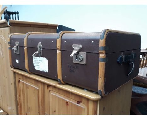 A vintage metal and wood bound trunk, length 92cm. 
