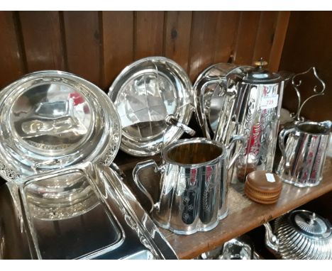 Shelf of EPNS inc. teaset and entree dish 