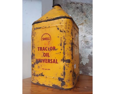 A Shell five gallon tractor oil can. 