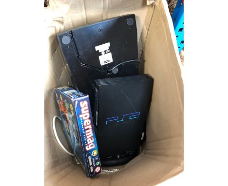 A box containing PS2 console, accessories, etc 