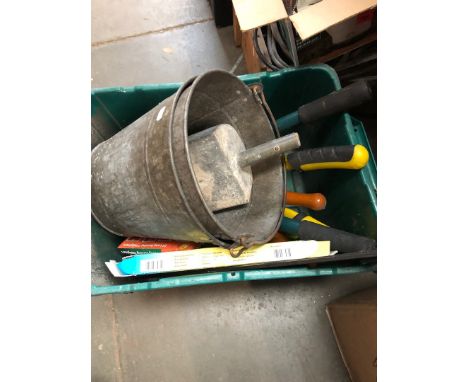 A box of garden tools, 2 galvanised buckets, packets of fire lighters, etc 