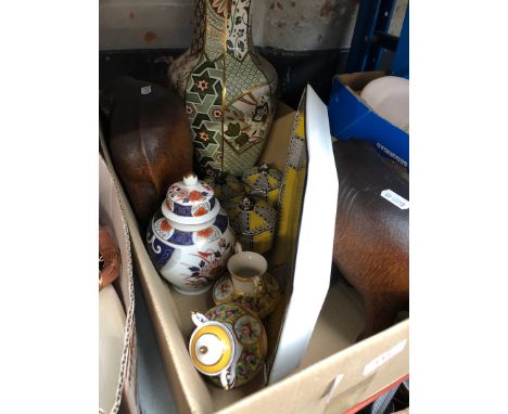 A box of mainly ceramic vases and 2 wooden elephants 