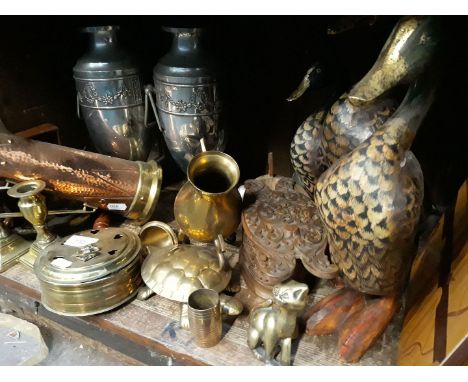 Shelf of brassware, parquetry plaques, wooden ducks etc. 