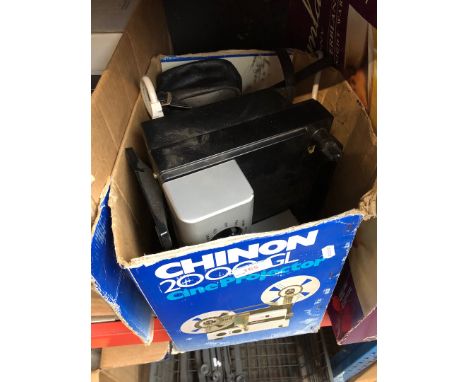 A box with projector and other items, etc 