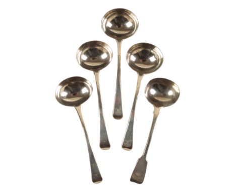 FOUR GEORGE III SILVER OLD ENGLISH PATTERN SAUCE LADLES by Edward Lees, London 1806; together with a William IV silver fiddle