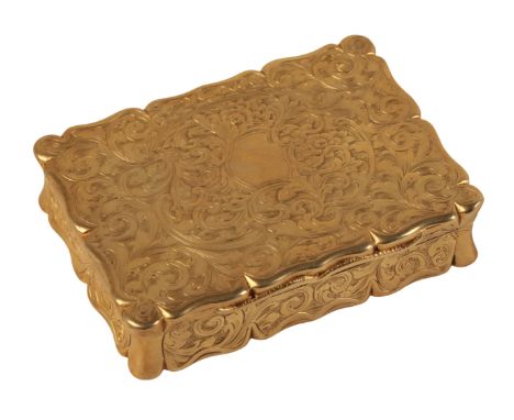 AN EARLY VICTORIAN SILVER GILT SNUFF BOX by Edward Smith, London 1845, of shaped rectangular outline, boldly engraved with le