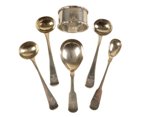 A WILLIAM IV SILVER FIDDLE PATTERN CADDY SPOON by William Eaton, London 1835, three George III silver Old English pattern mus