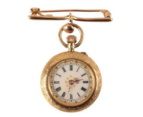 A 14CT GOLD LADY'S LAPEL WATCH with a keyless wind movement, the white enamel dial with black Roman numerals and gold hands, 