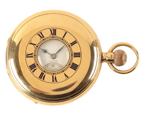 THOMAS RUSSELL &amp; SON OF LIVERPOOL: AN 18CT GOLD HALF HUNTER GENTLEMAN'S POCKET WATCH with keyless wind movement, the whit
