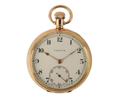 A VERTEX 9CT GOLD GENTLEMAN'S OPEN FACE POCKET WATCH with keyless wind movement, the white enamel dial with subsidiary second