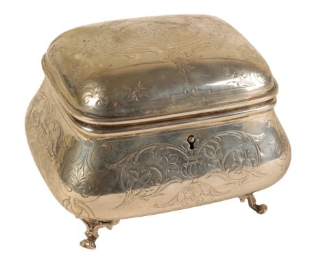 A LATE 19TH CENTURY AUSTRO-HUNGARIAN SILVER TEA CADDY of Bombe shape, engraved with floral filled urns, on four splayed feet,