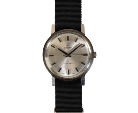 ENICAR STAR JEWELS: A GENTLEMAN'S STAINLESS STEEL WRISTWATCH with manual wind movement, the silver dial with black and silver