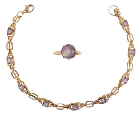 A GOLD AND AMETHYST BRACELET AND DRESS RING the chain-link bracelet stamped "375", the dress ring stamped "18K" (c.8.7grams t