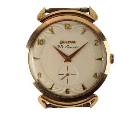 BULOVA: A 14CT GOLD GENTLEMAN'S WRISTWATCH with manual wind movement, the white two-tone dial with subsidiary seconds dial, g