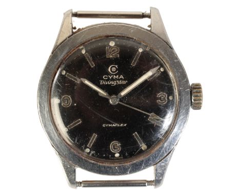 CYMA DIVING STAR: A GENTLEMAN'S STAINLESS STEEL DIVERS WATCH with manual wind movement, the black dial with silver and lumino