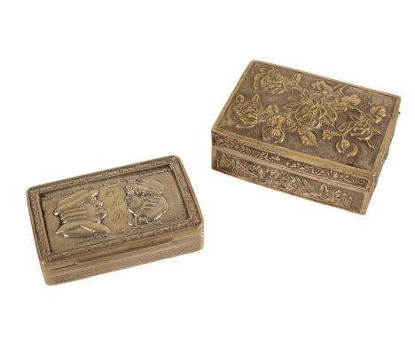 A 19TH CENTURY CONTINENTAL WHITE METAL SNUFF BOX the lid embossed with two male profiles and engraved 'FMB', with reeded body