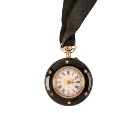 A LADY'S ENAMEL AND DIAMANTE FOB WATCH with keyless wind movement, the white enamel dial with black Roman numerals, the case 