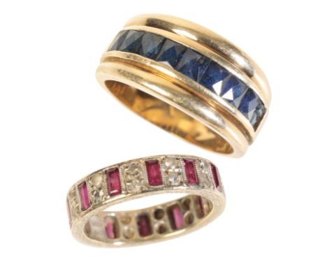 A SAPPHIRE HALF ETERNITY RING channel-set on a gold band, stamped "585", ring size U; together with a full gem-set eternity r