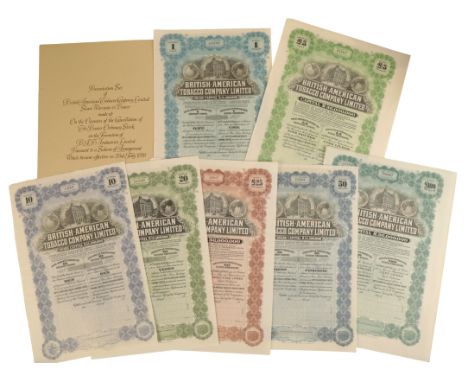 SEVEN BRITISH AMERICAN TOBACCO COMPANY SHARE CERTIFICATES one ordinary share no. A19907; an ordinary £5 stock, no. B15407; 10