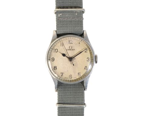 OMEGA: A GENTLEMAN'S MILITARY WRISTWATCH with manual wind movement, the white dial with black Arabic numerals and dark blue s