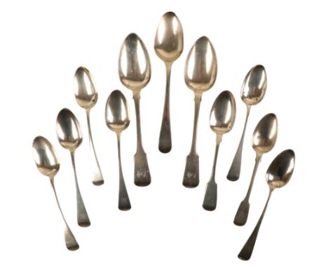 A SET OF SIX EARLY VICTORIAN SILVER OLD ENGLISH PATTERN DESSERT SPOONS by William Eaton, London 1840, a pair of George III si