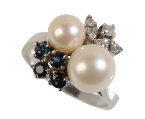 A CULTURED PEARL, SAPPHIRE AND DIAMOND DRESS RING on a white gold shank, stamped "Siffari 14K", ring size M