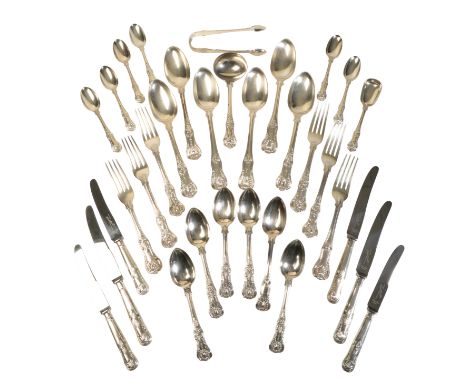 A VICTORIAN SILVER HARLEQUIN KINGS PATTERN TABLE SERVICE various dates and makers including George Adams, London 1840, compri