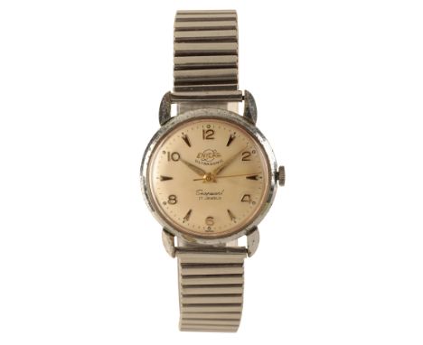 ENICAR: A GENTLEMAN'S STAINLESS STEEL WRISTWATCH with manual wind movement, the silver dial with gold baton and Arabic numera