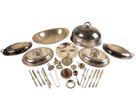 A PAIR OF 19TH CENTURY SILVER PLATED OVAL ENTREE DISHES AND COVERS with bobbin handles, one other pair of silver plated entre