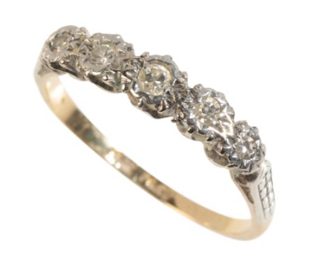 A FIVE STONE DIAMOND RING each diamond illusion-set in platinum, on an 18ct yellow gold shank, ring size O