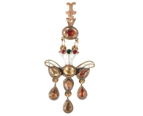 AN AUSTRO-HUNGARIAN PENDANT decorated with coloured paste and enamel, with closed yellow metal back, c.62mm long, including t