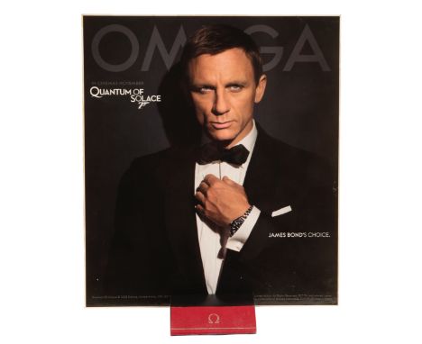AN OMEGA METAL FREESTANDING DISPLAY SIGN advertising Quantum of Solace, James Bond's watch of choice, 38cm x 32cm