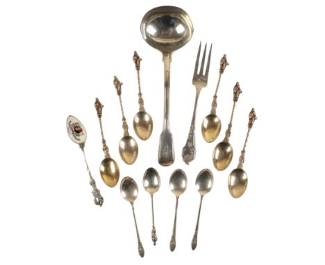 A SET OF SIX EDWARD VII SILVER APOSTLE SPOONS by Charles Boyton &amp; Sons, London 1905, a George IV silver fiddle and thread