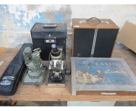 TWO MICROSCOPES, CASED SLIDE PROJECTOR PLUS CASED CASTO CONSTRUCTION KIT, ETC. 