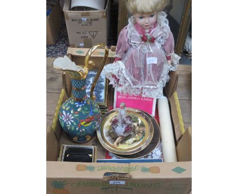SUNDRY LOT INCLUDING HUBERT BEQUET GILDED WATER JUG, MDINA GLASS SCENT BOTTLE, VARIOUS PRINTS, CERAMICS, COLLECTOR'S DOLL AND