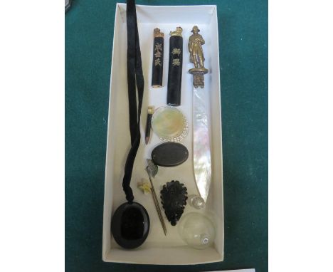 SMALL SUNDRY LOT INCLUDING MOTHER OF PEARL LETTER KNIFE, JET COLOURED JEWELLERY, SCARAB BEETLE, TIE PIN ETC. 
