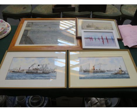 J A DRINKWATER, PAIR OF LOCAL RELATED MERSEY RIVER WATERCOLOURS AND PASTEL, PLUS ALSO FRANK GREEN PRINT, ETC. 