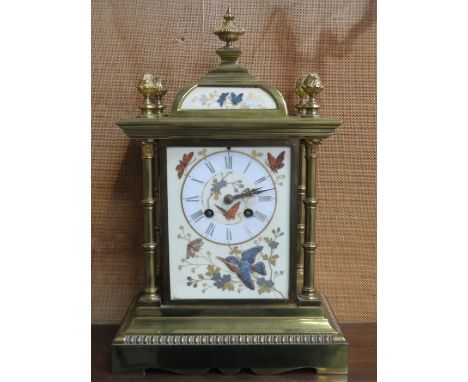 VICTORIAN BRASS FRENCH CHIMING MANTEL CLOCK WITH HAND GILDED AND DECORATED PANEL AND DIAL, STAMPED JAPY FRERES AND NUMBERED 7