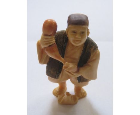 HEAVILY CARVED ORIENTAL IVORY NETSUKE OF A GENT WITH A VESSEL, SIGNED TO BASE, APPROXIMATELY 6cm HIGH