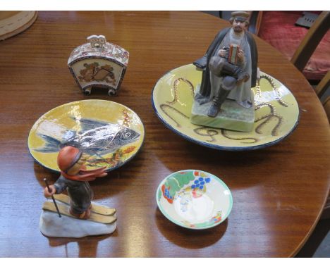 SMALL HEAVILY GILDED STORAGE POT, HUMMEL FIGURE AND CONTINENTAL SEATED FIGURE, ETC. 
