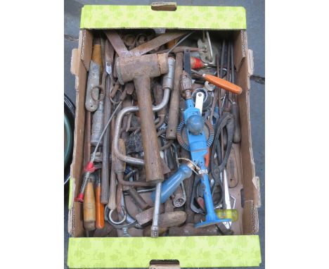 BOX OF VINTAGE HAND TOOLS, ETC. 