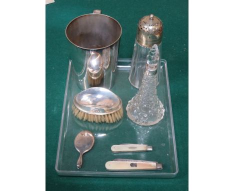 SILVER MOUNTED GLASS PERFUME BOTTLE, SILVER BRUSH, SILVER AND MOTHER OF PEARL FRUIT KNIVES, MINIATURE MIRROR, PLATED ITEMS ET