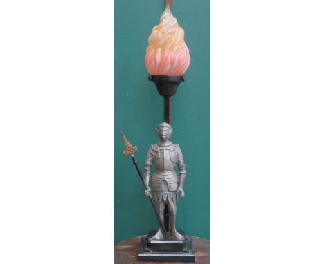 VINTAGE METAL KNIGHT FORM TABLE LAMP WITH ORANGE/RED GLASS SHADE, MOUNTED ON EBONISED TREEN BASE (GLASS SHADE AT FAULT), APPR