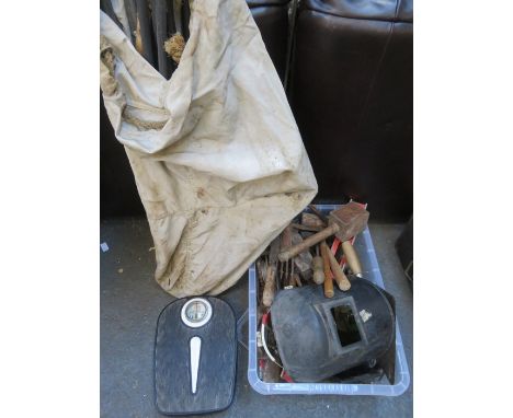 PARCEL OF VINTAGE TOOLS AND WELDER'S MASK, ETC. 