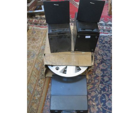 MIXED LOT INCLUDING TYPEWRITER, TWO PAIRS OF SPEAKERS AND WHEEL TRIMS 