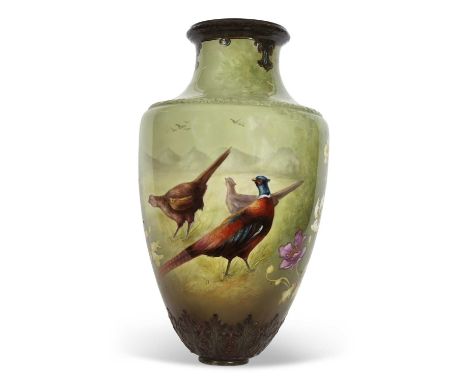 A very large Art Nouveau style vase, the green ground painted with pheasants and flowers, probably Austrian or Hungarian, the